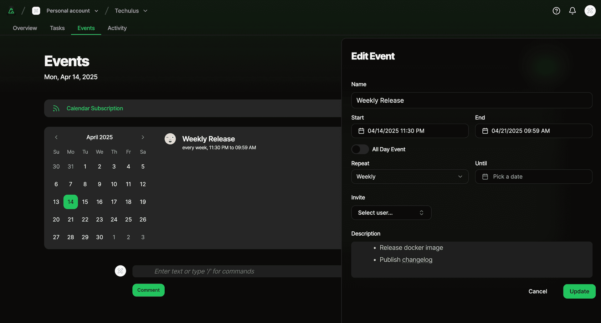 Calendar and events interface