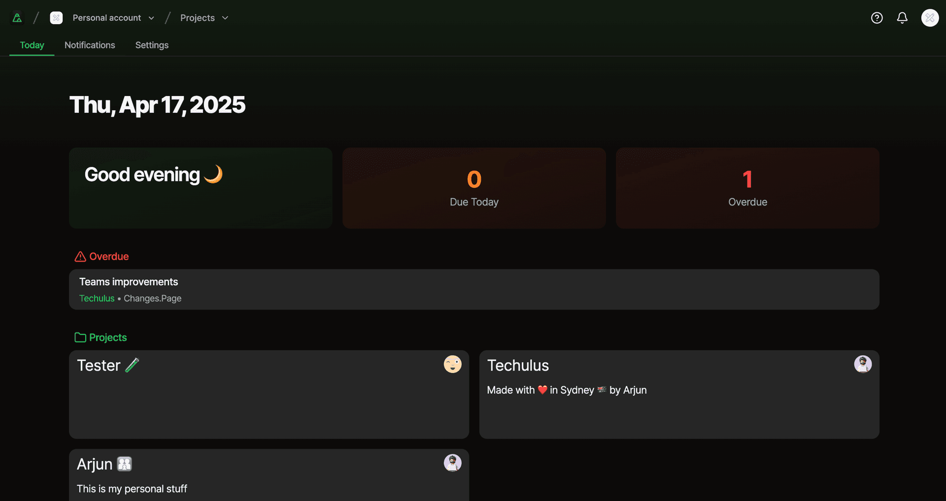 Project overview dashboard